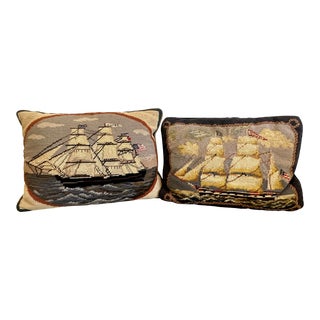 Handmade Nautical Needlepoint Accent Pillows Vintage Embroidered For Sale
