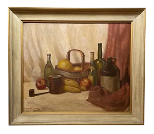 1930s "Baskets of Fruit and Wine" Still Life Oil Painting by Harold W. Cheney, Framed
