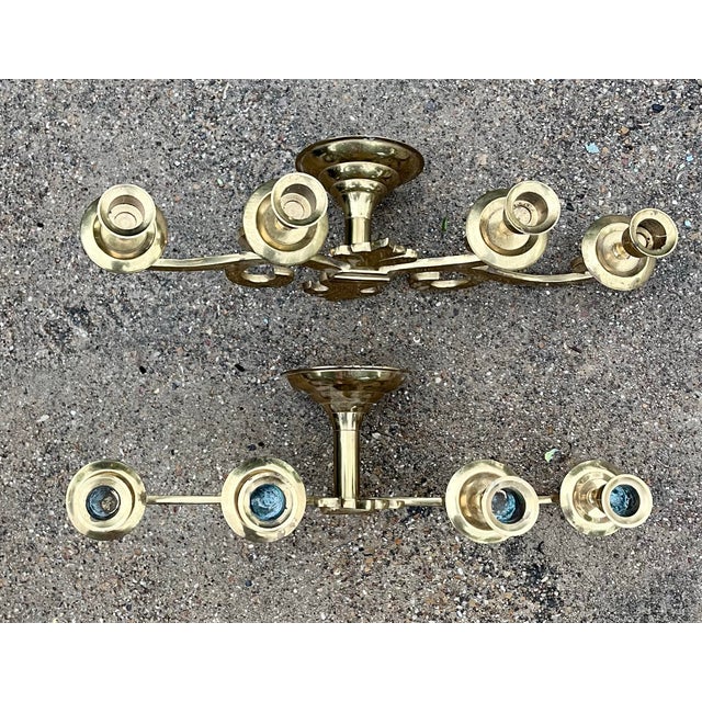 1970s 1970s French Fleur-De-Lis Pair of Wall Sconce Mounted Brass 4-Arm Candle Holders For Sale - Image 5 of 12