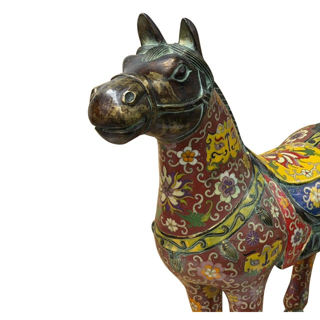 Maroon Vintage Oriental Chinese Reddish Maroon Cloisonne Metal Horse Figure A For Sale - Image 8 of 16