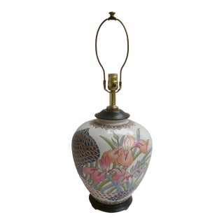 1980s Ceramic Chinoiserie Ginger Jar Lamp Postmodern Iris Flowers For Sale