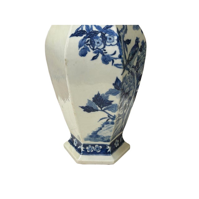 Vintage Chinese Blue White Hexagonal Flower Bird Porcelain Vase For Sale - Image 14 of 15
