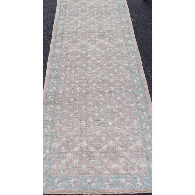 Tribal Modern Turkish Oushak Runner in Light Blue and Beige Tones With Allover Pattern For Sale - Image 3 of 12