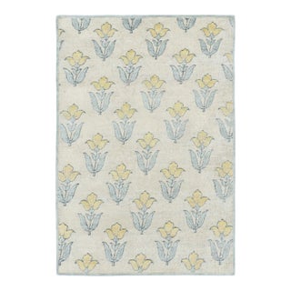 Rug & Kilim’s Block Print Rug With Ivory Field and Gold Floral Blossoms For Sale