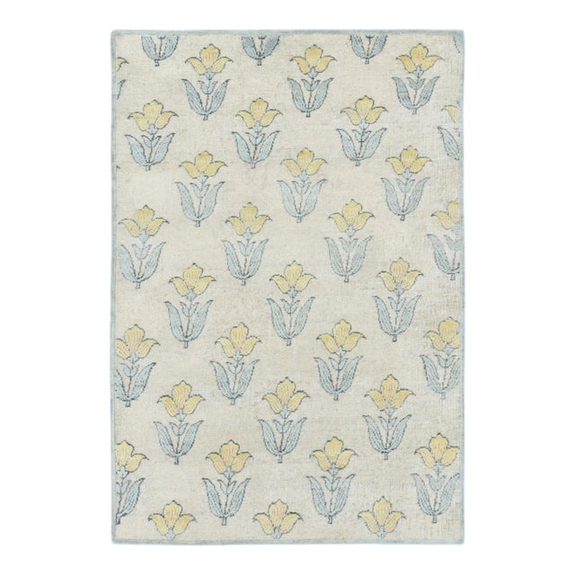 Rug & Kilim’s Block Print Rug With Ivory Field and Gold Floral Blossoms For Sale