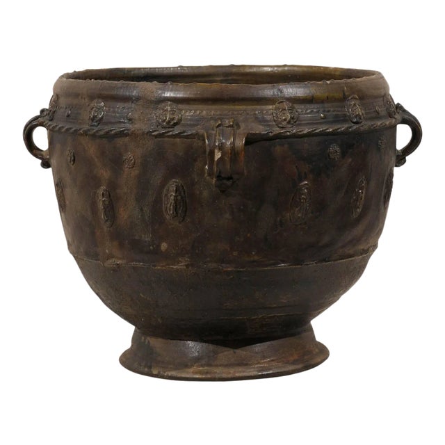 Antique Brown-Black Colored Clay Jar with Four Handles & Decorative Motifs For Sale