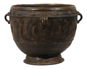 Antique Brown-Black Colored Clay Jar with Four Handles & Decorative Motifs