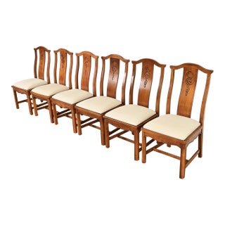 Thomasville Mid-Century Hollywood Regency Chinoiserie Carved Walnut Dining Chairs, Set of Six For Sale