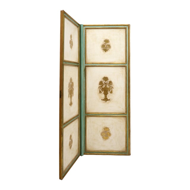 Antique French screen with two panels. Each is hand-painted and features green and cream tones with gold leaf floral...