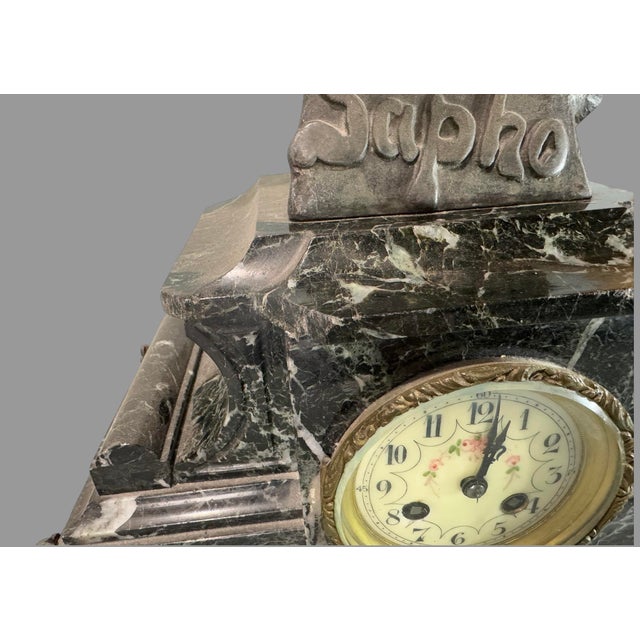 Metal Antique Marble Mantel Clock With Figural Cast Metal Sapho Statue Sculpture Top For Sale - Image 7 of 12