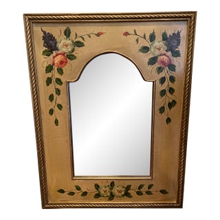 Vintage French Country Revival Hand-Painted Floral Mirror With Crackle Finish For Sale