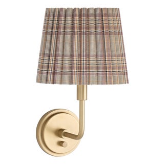 Polly Sconce Single, Natural Brass with Heritage Plaid Wave Pleat Shade For Sale