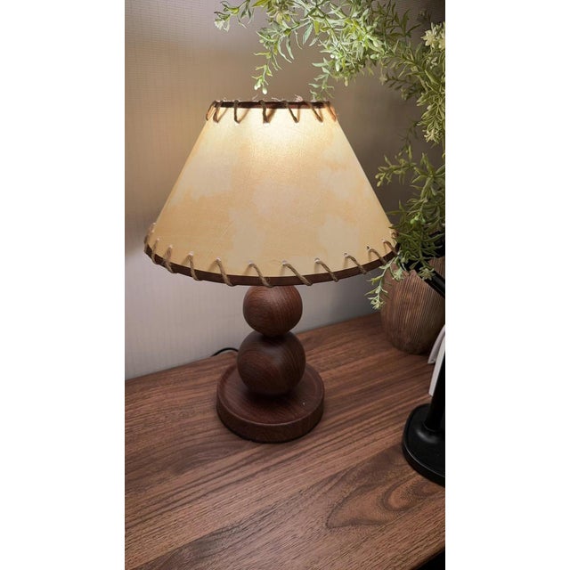 2020s Cracked Leather & Walnut Lamp For Sale - Image 5 of 6