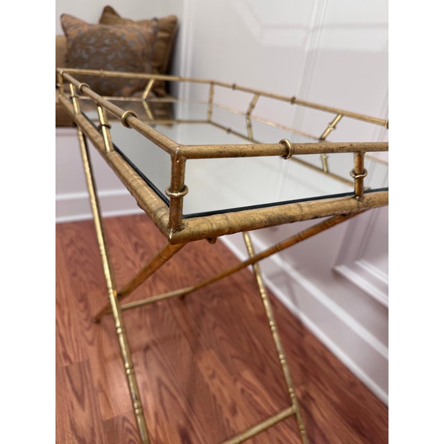 Brass Vintage Hollywood Regency Faux Bamboo Gold Finish Mirror Collapsible Tray Table For Sale - Image 8 of 12