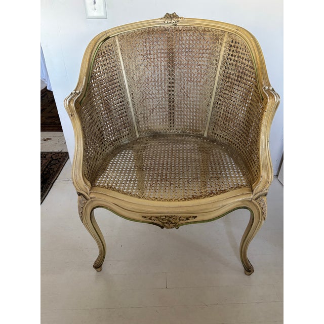 Vintage French Louis XV Style Carved Cane Barrel Back Armchair For Sale - Image 10 of 11