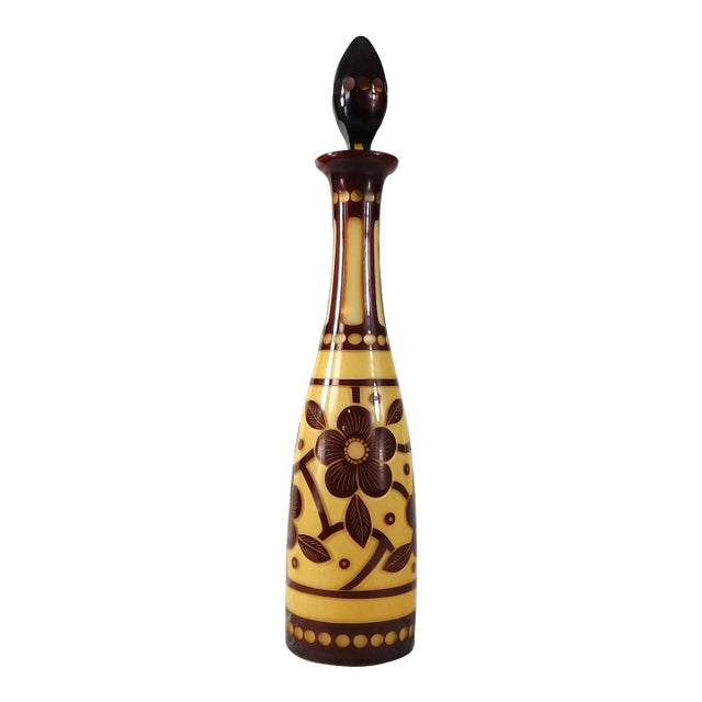 1920s Tan Over Red Glass Cut to Clear Decanter For Sale