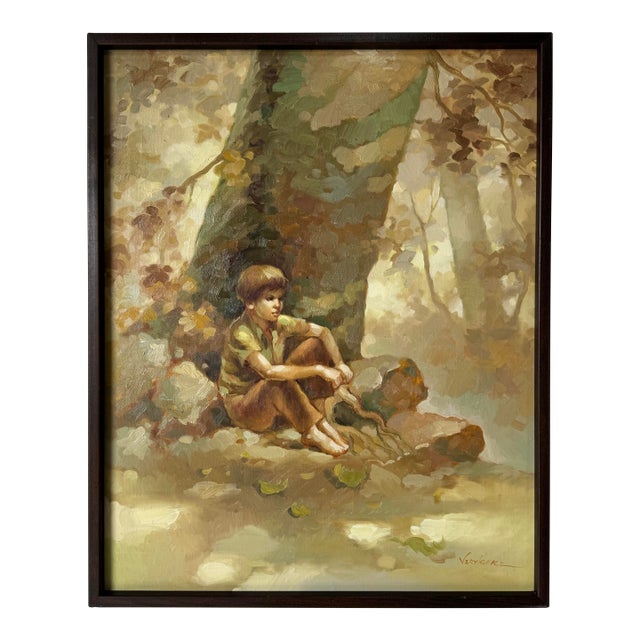 1980’s Veryl Grace Child Under Tree Impressionist Landscape Oil on Canvas Painting, Wood Framed For Sale