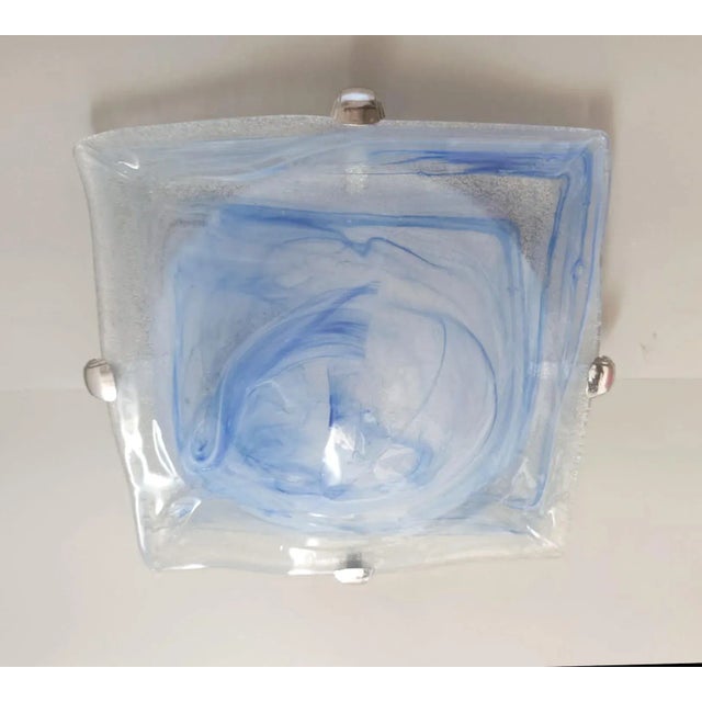 Vintage Italian flush mount or wall light with a single square graniglia Murano glass shade and blue decoration / Made in...