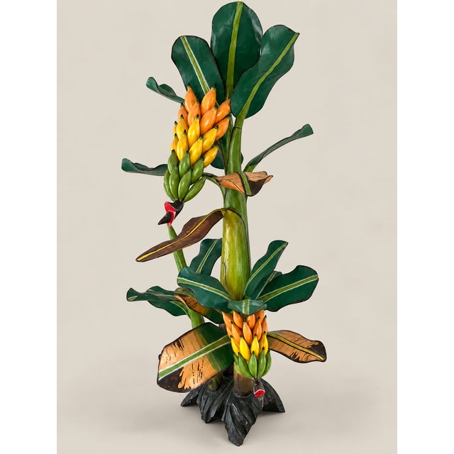 Striking over-sized, 43 inch, hand-painted tropical botanical sculpture depicting a banana plant with two colorful...