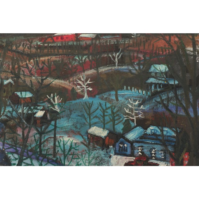 Painted by Elizabeth Burr, this vintage mid 20th century painting shows a hilly country landscape in dreamy teals and...