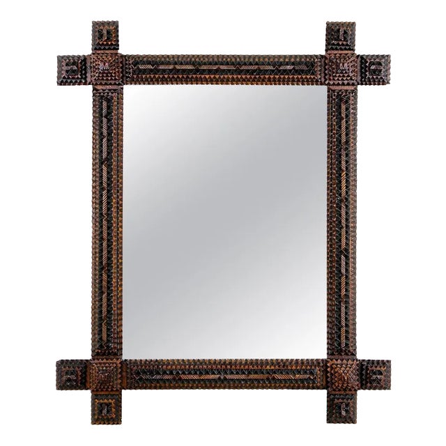 Tramp Art Rustic Handcarved Wall Mirror, Austria, 1880s For Sale
