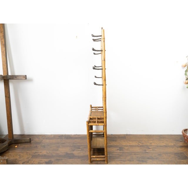 English 1880s Freestanding Bamboo and Rattan Hat Rack with Mirror and Tiles For Sale In Atlanta - Image 6 of 10