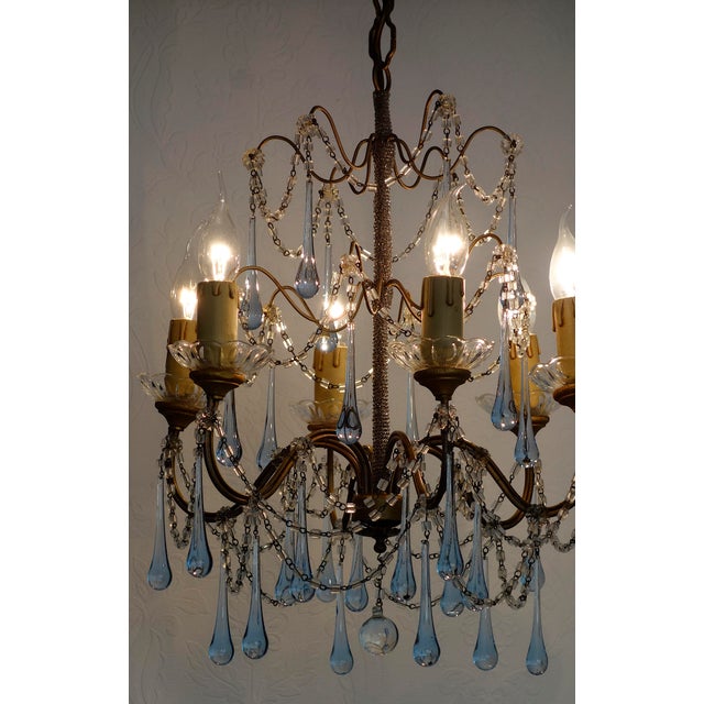 Antique Gilded Metal Murano Glass Drop Six-Light Chandelier, 1930s For Sale - Image 13 of 14