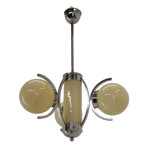 Art Deco Chandelier in Glass and Nickel, Europe, 1930s For Sale