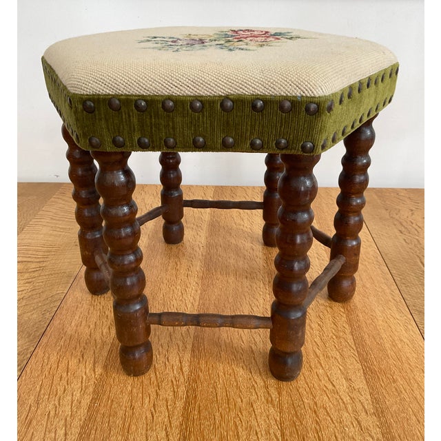 Wood Vintage Mid-Century Footstool With Floral Needlepoint Tapestry For Sale - Image 7 of 8