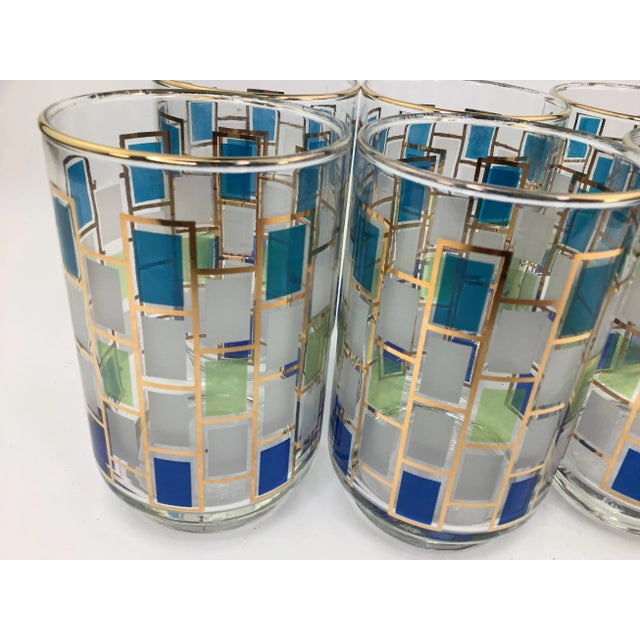 Set of 6 Vintage Libbey "Nordic" Pattern Tumblers With Blue and Gray Rectangles and Gold Decoration. Glasses measure 4...