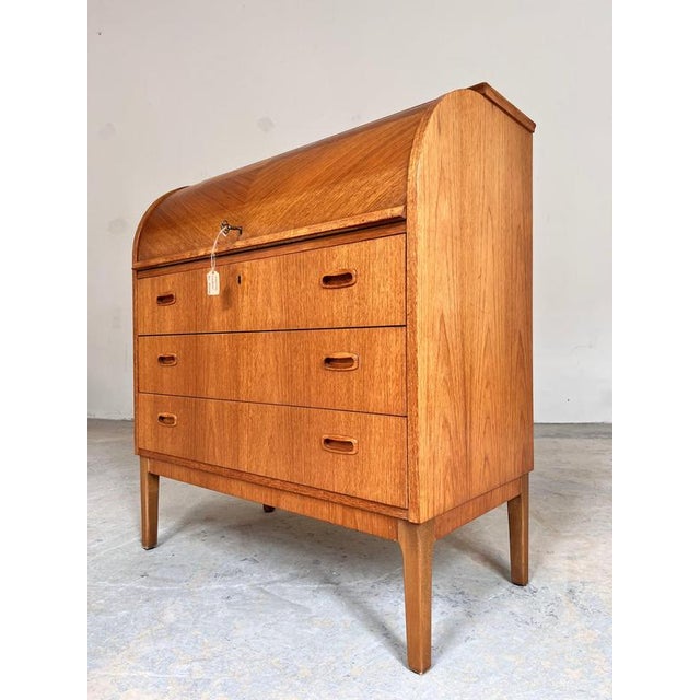 Wood Teak Semi-Circular Secretary Desk with Lock, Denmark, 1950s For Sale - Image 7 of 11