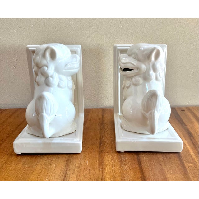 Chinoiserie Blanc De Chine White Ceramic Foo Dog Bookends For Sale - Image 4 of 8