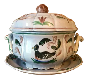 Mid 20th Century Longchamp "Blue Duck" French Faience Majolica Soup Tureen