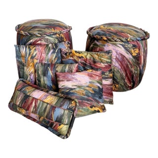 Postmodern Ottoman Poufs With Ropes and Pillow Set - 9 Pieces For Sale