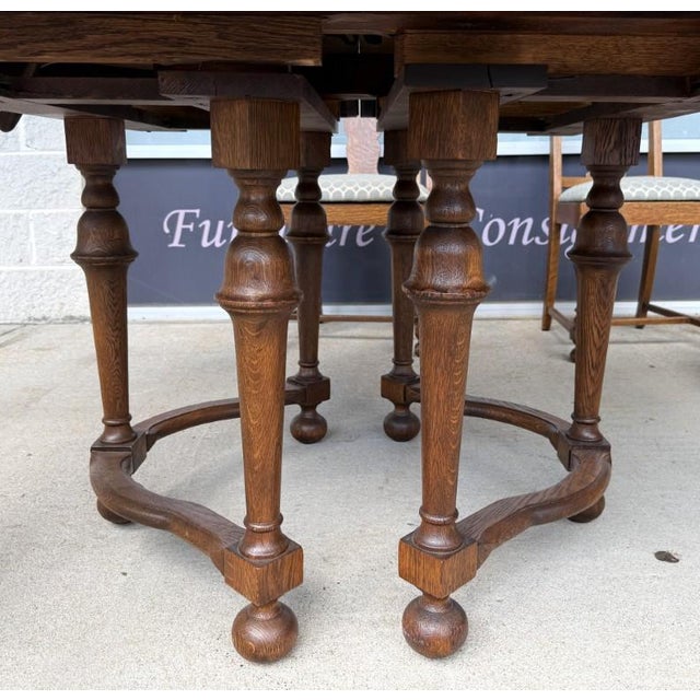 7 Piece j.b. Van Sciver Co. Refinished Antique Oak Round Dining Set With Two Leaves For Sale - Image 10 of 18