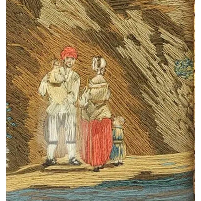 Victorian British Woolwork of a Family of Man, Wife and Child on the Seashore With Ship in Bay For Sale - Image 3 of 7