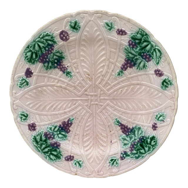 French Majolica Plate Grapes Salins, Circa 1890 For Sale