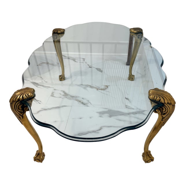 Vintage P. E. Guerin Style Glass Coffee Table With Brass Legs For Sale