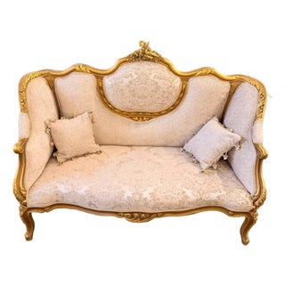 1960s French Louis XV Rococo Settee upholstery Loveseat Cream Damask Canapa Sofa For Sale
