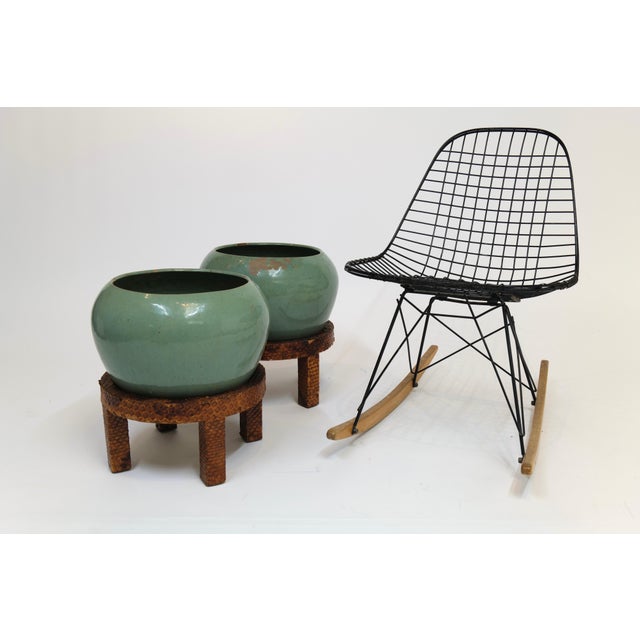 Celadon Pair of Vintage Mint Green Ceramic Planters on Wrapped Wood Stands For Sale - Image 8 of 17
