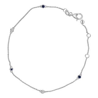 14K White Gold Alternating Blue Sapphire and Diamond Bezel Station Chain Bracelet - Size 7.5 inch For Sale