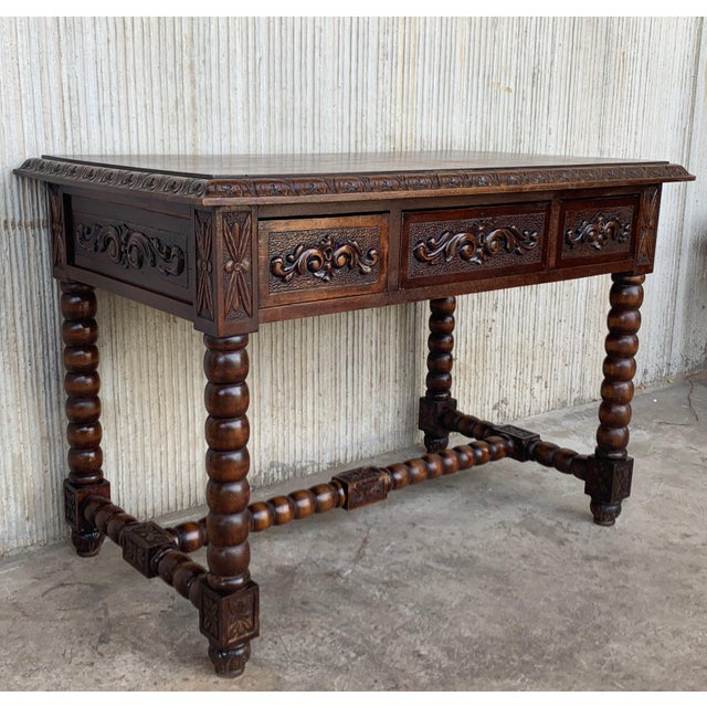 20th Century Spanish Baroque Style Oak Library Table For Sale - Image 4 of 12