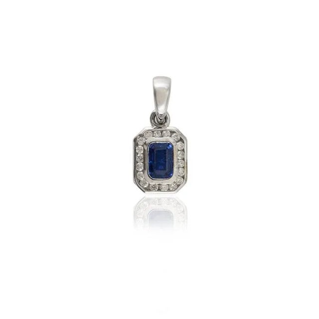Octagon Deep Blue Sapphire Diamond Halo Pendant in 14k White Gold For Sale In New York - Image 6 of 10