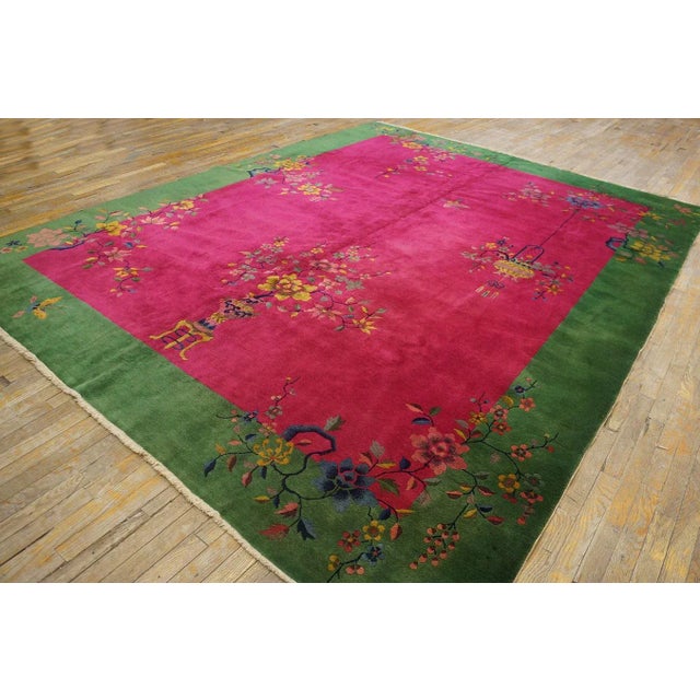 1920s 1920s Pink Cerise Floral Vase Antique Chinese Art Deco Carpet 9' X 11' 6'' Knotted Wool Rug For Sale - Image 5 of 12