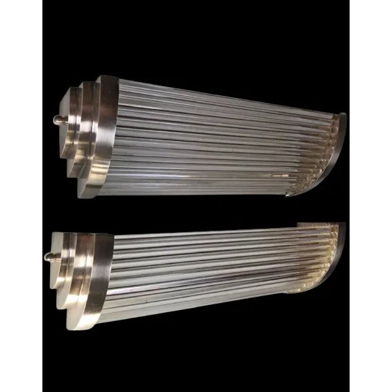 Pair Vintage 1940s Skyscraper Art Deco Wall Sconces Fixtures in Nickel Brass & Glass Rod Ship Light For Sale - Image 4 of 5