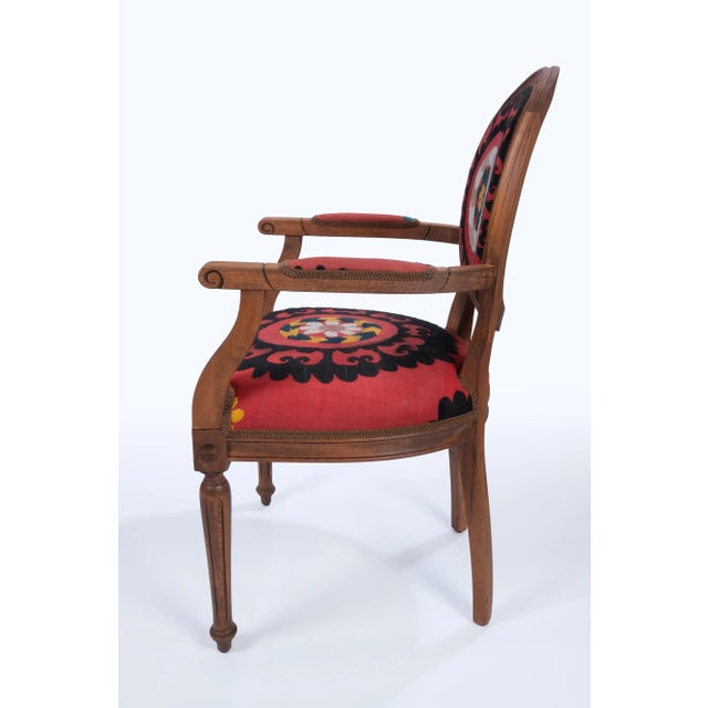Contemporary Vintage Wooden Suzani Armchair - Diningroom Chair With Bergere Style For Sale - Image 3 of 13