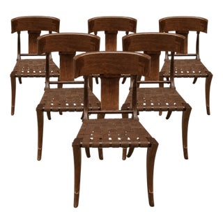 Mid Century Walnut Klismos Chairs With Leather Straps - 6 For Sale