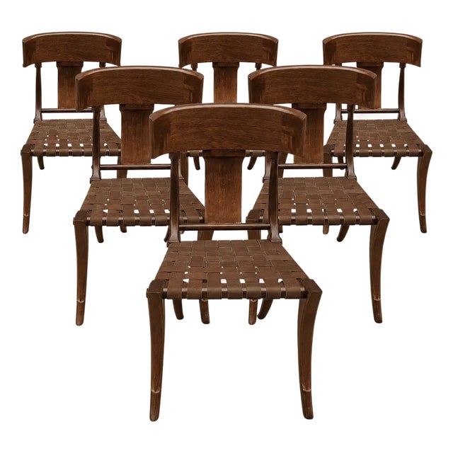 Mid Century Walnut Klismos Chairs With Leather Straps - 6 For Sale