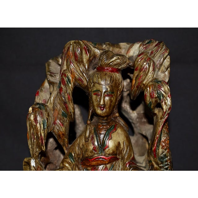 Gold Vtg. Carved Asian Style Soapstone Goddess Statue on Wood Base For Sale - Image 8 of 15