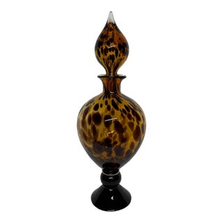 Late 20th Century Large 21” Tortoise Shell Pattern Glass Pedestal Jar With Teardrop Stopper For Sale